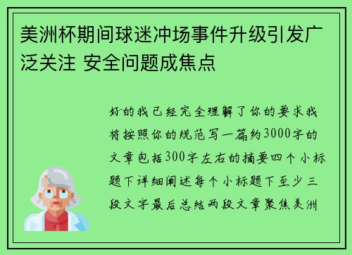 美洲杯期间球迷冲场事件升级引发广泛关注 安全问题成焦点